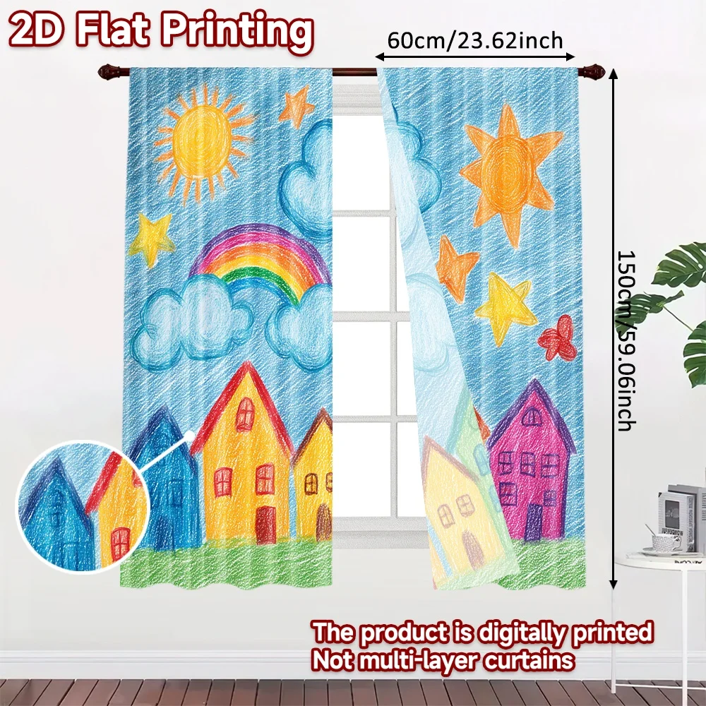 2D flat printing 2pcs Scene Curtains Colorful Sunny Village Digital Printed Polyester Drapes Birthday Party Use for Event