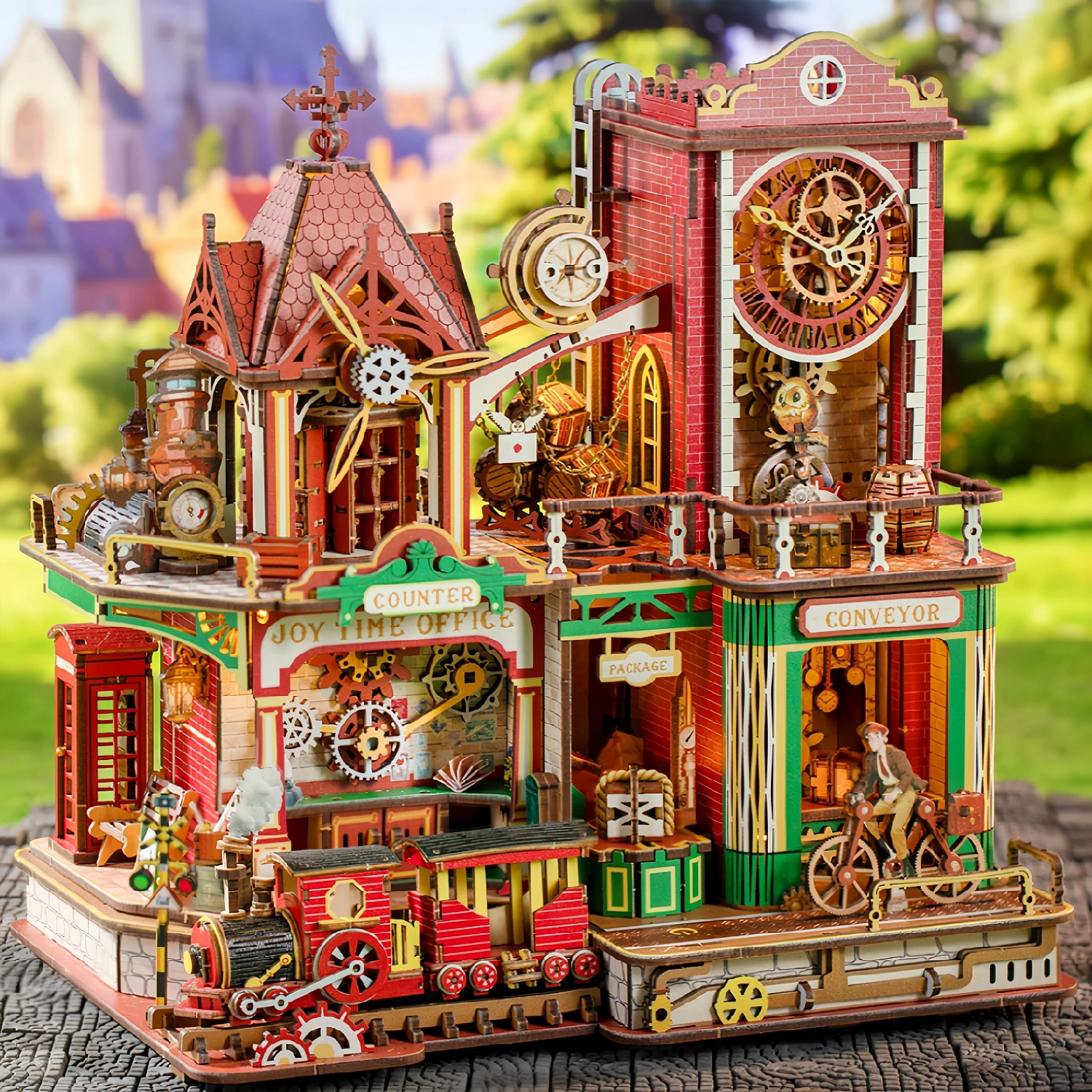 Joy Time Post Office DIY Book Nook,Steampunk Wooden Dollhouse Kit Touch Light Mini House Bookend Decor Craft Gift for Adults