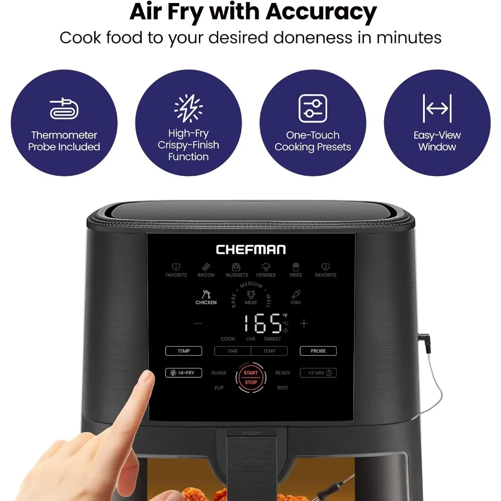 Air Fryer 8 Qt with Probe Thermometer, 8 Preset Functions, 1-Touch Digital Display, Nonstick Square Air Fryer Basket with Window