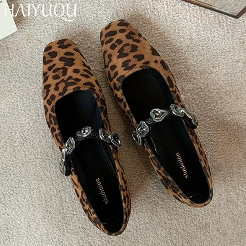 Leopard crystal Women Loafers Shoes Flats Square Toe Shallow Sandals Woman Trend Fashion Dress Mary Jane Shoes Mujer Zapatillas