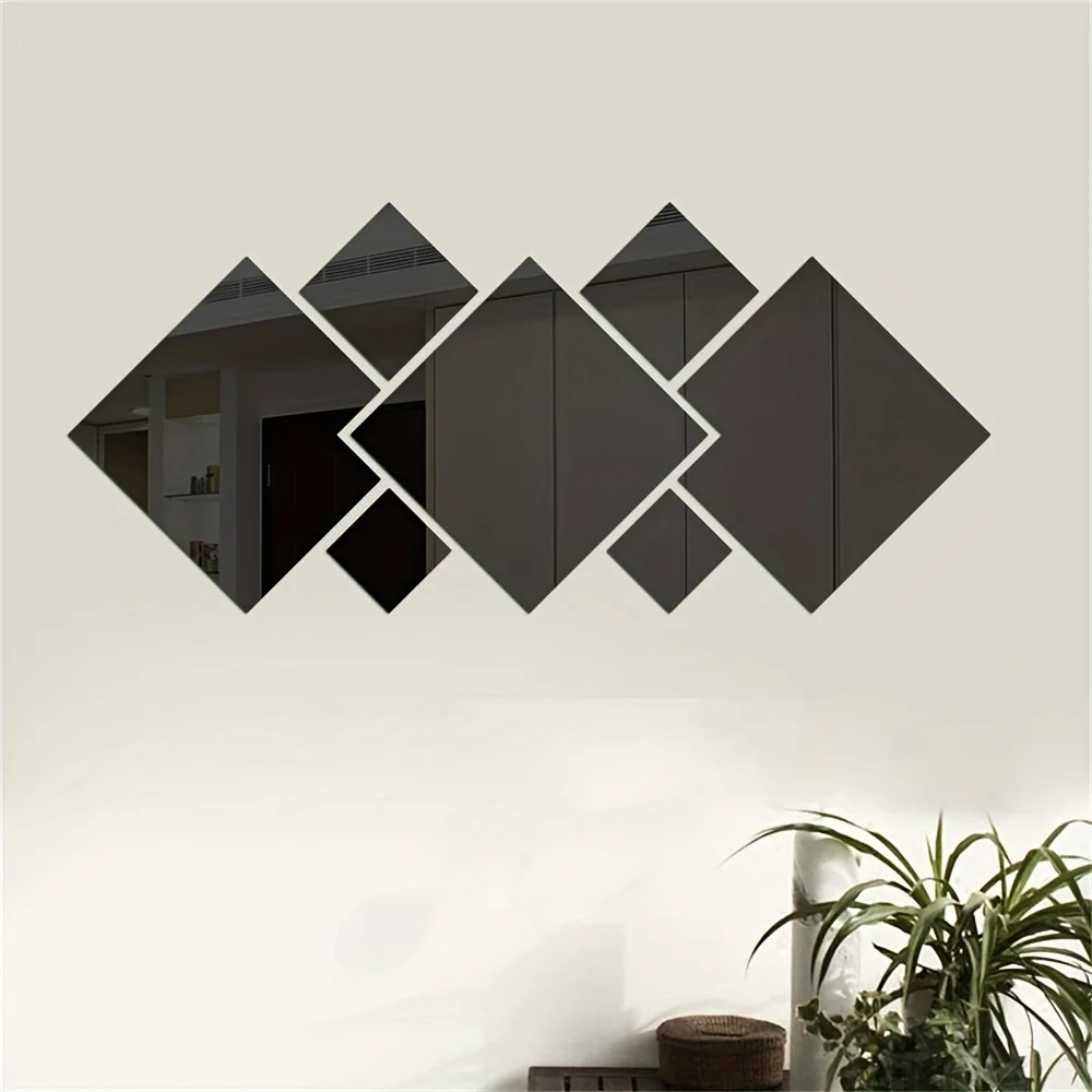 Black 7PCS DIY Acrylic Mirror Wall Stickers Square Rhombus Decals Self-Adhesive Creative Home Decor for Living Room Staircase