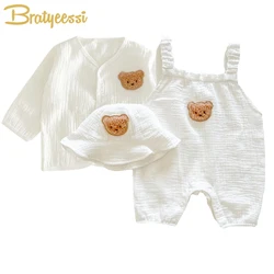 Musselin Baby Overalls Hut Set Bär Baby Sommerkleid ung Kinder Mäntel weiß Sonnenschutz Kleinkind Outfit Anzug Säugling Stram pler 0-3t