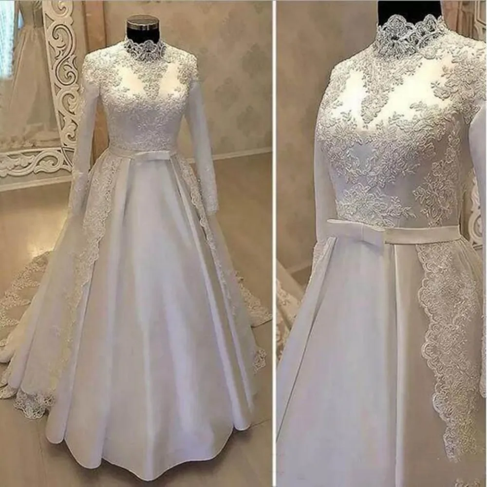 Vestidos de casamento muçulmanos gola alta, apliques de renda, mangas completas, até o chão, vestidos de noiva árabes, branco, 2023