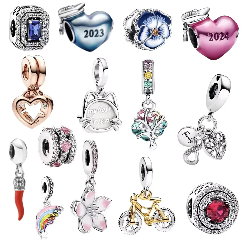 

Classic 100% 925 sterling silver heart-shaped rainbow bicycle, new cherry blossom swing design, charming pearl bracelet DIY wome