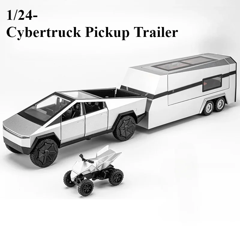 1:24 Tesla Cybertruck Pickup Trailer Alloy Car Model Diecasts Metal Toy Off-road Vehicles Truck Model Sound and Light Kids Gifts