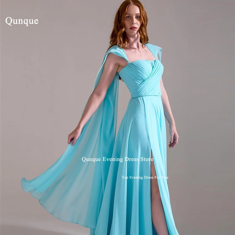 

Qunque Mermaid Zipper Back Prom Dresses Long Cape Chiffon Evening Dress Side Slit Pleat Celebrity Party Gowns Vestidos De Noche