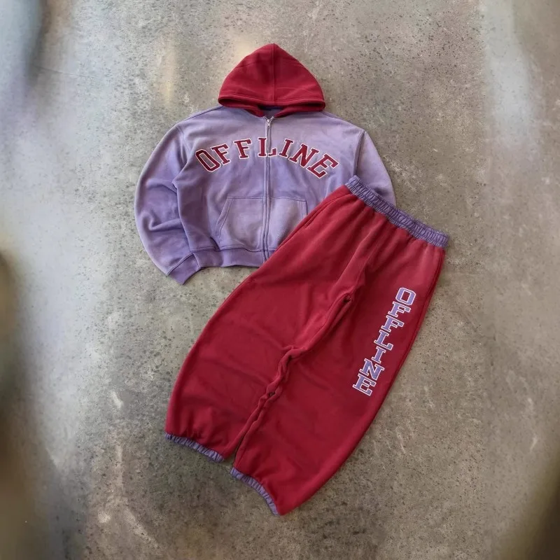 

Y2K Style Men's Tracksuit Set Harajuku Color Block Hoodie Letter Print セットアップ High Street Sweatpants Casual Two Piece Set Худи