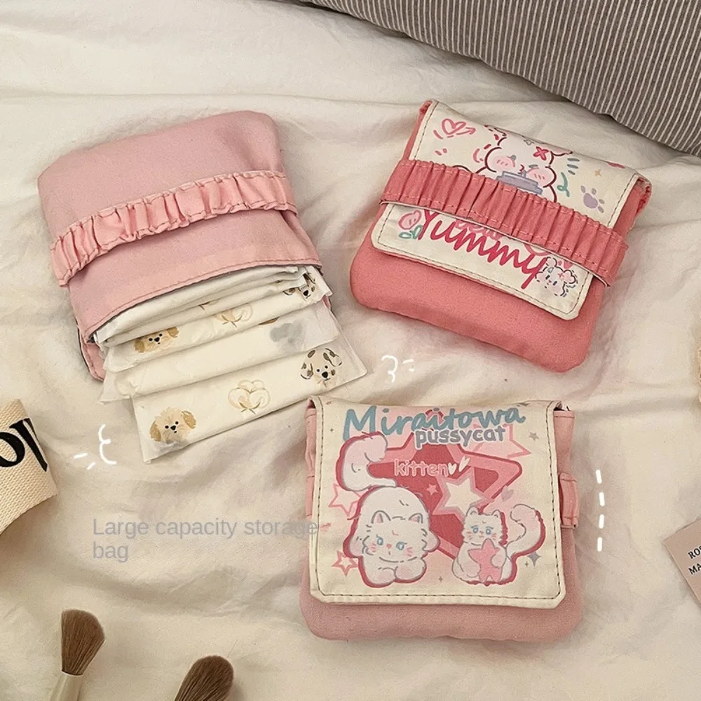 Mini Data Cables Organizer Sanitary Pads Bag Multipurpose Large Capacity Napkin Pouch Storage Bag Cartoon Kitten Cosmetic Bag