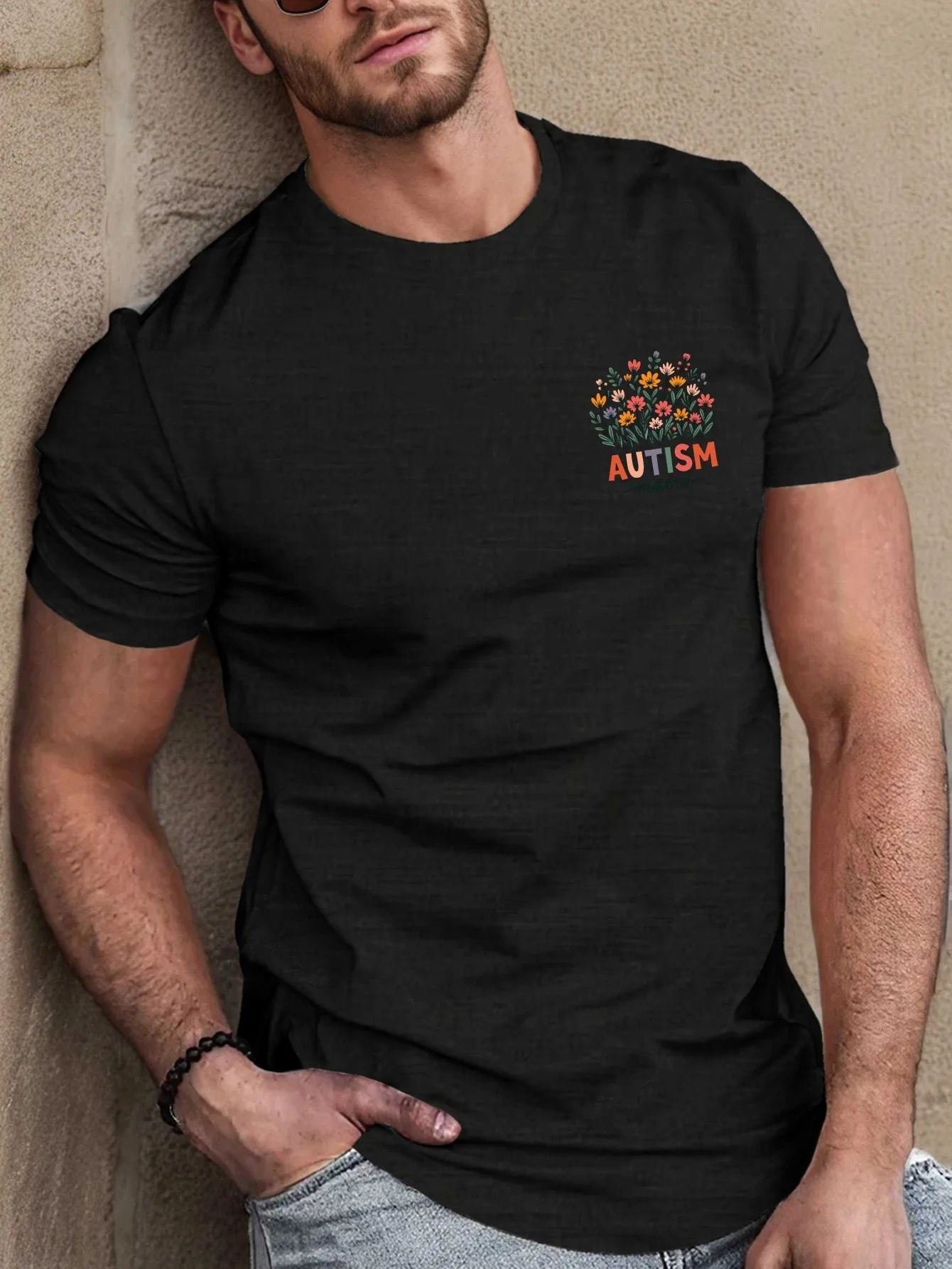 

Мужская черная футболка с цветочным дизайном осведомленности об аутизме, текстом аутизма, короткими рукавами, круглым вырезом, повседневная одежда, удобная для всех сезонов, повседневная футболка с цветочным принтом, эластичная ткань