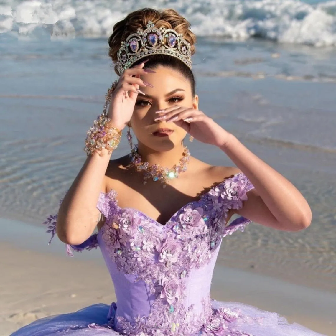 Princess Purple Quinceanera 3D Flower Dresses Off  the Shoulder Sweet 15 Party Ball Gown Crystal Customized