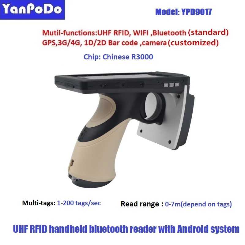 Yanpodo Barcode WiFi Blue-tooth GPS multi-function UHF RFID portable handheld reader Chinese R3000 chip Android system free SDK