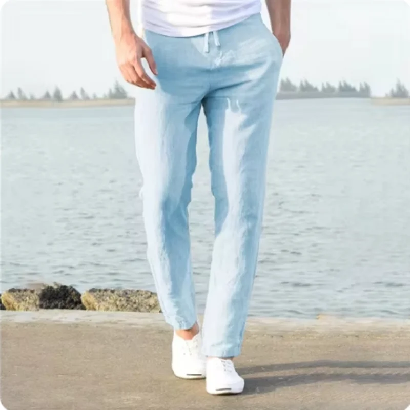 Men\'s Linen Pants Summer Male Breathable Linen Trousers Sweatpants Solid Color Linen Fitness Pants Jogging Fitness Streetwear