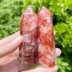 Red Gum Flower Pointed Hexagonal Prism Quartz Stone Single Point Wand Tower Crystal Crafts Ornament Gifts Home Decoration