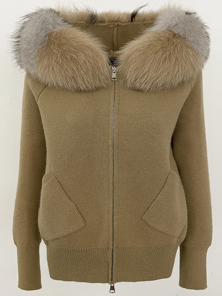 2025 Cappotto di pelliccia naturale Maglione da donna con cappuccio Grande collo di pelliccia di volpe reale Moda Autunno Inverno Abbigliamento Giacca corta lavorata a maglia femminile