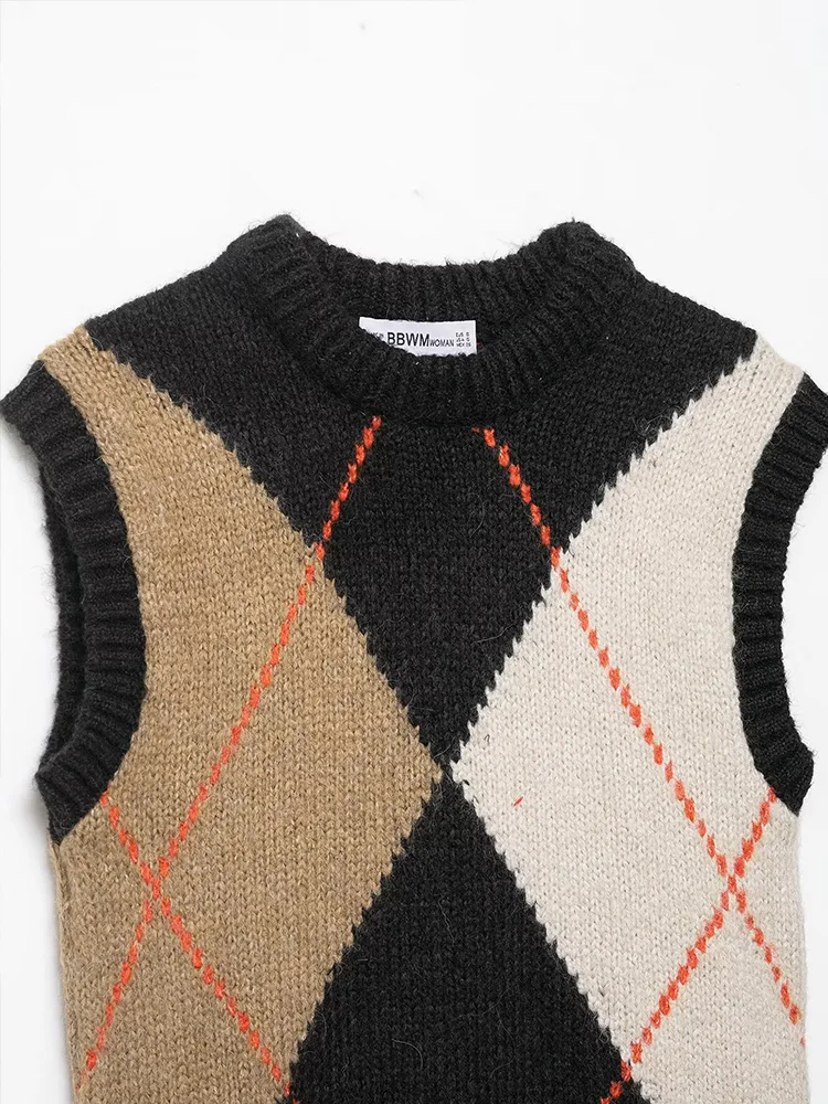 เสื้อกั๊กสตรีแฟชั่นฤดูใบไม้ผลิ ลายเพชร ตกแต่งเก๋ไก๋ ทรงสั้น คอทรงโอ แขนกุด ทรงเข้ารูป อเนกประสงค์ ถักนิตติ้ง อุ่นสบาย