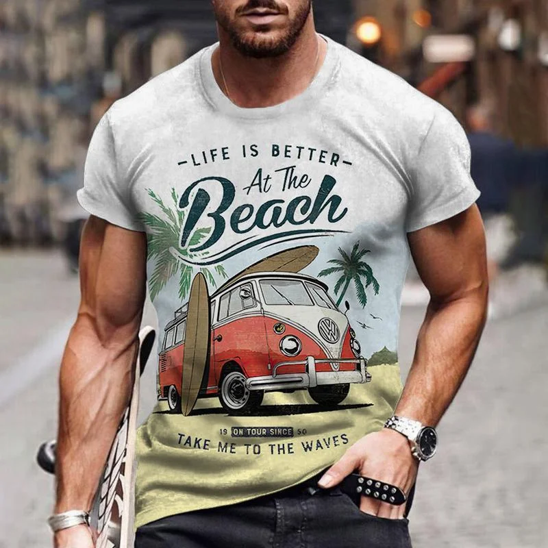 Vintage Men's T-Shirt Crew Neck Pullover Short Sleeve Top Route 66 Biker Print Oversized Clothing Street Casual T-Shirt For Men