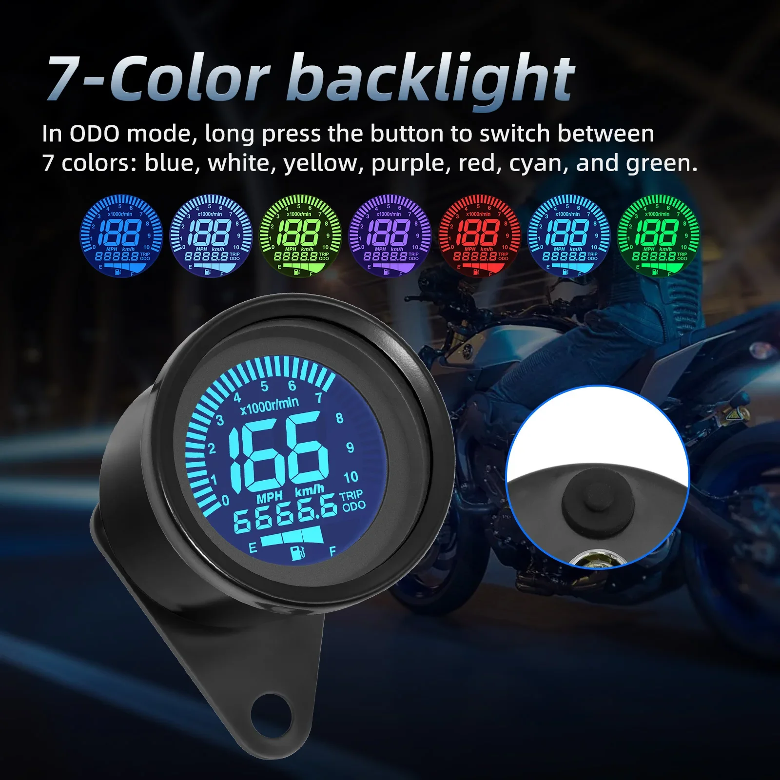 12V Universal Digital Motorcycle Speedometer Odometer Tachometer 7Colors LED Indicator Adjustable fuel meter for Scooter ATV