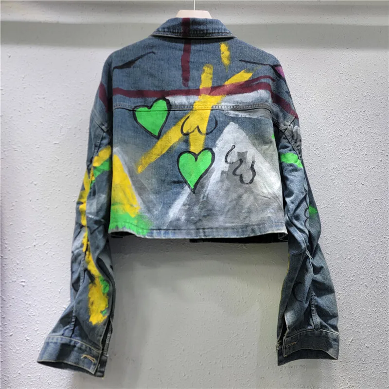 Heavy Work Diamond Graffiti Printed Denim Jacket Women Spring Loose Big Pocket Lapel Single-breasted Long-sleeved Jeans Jackets