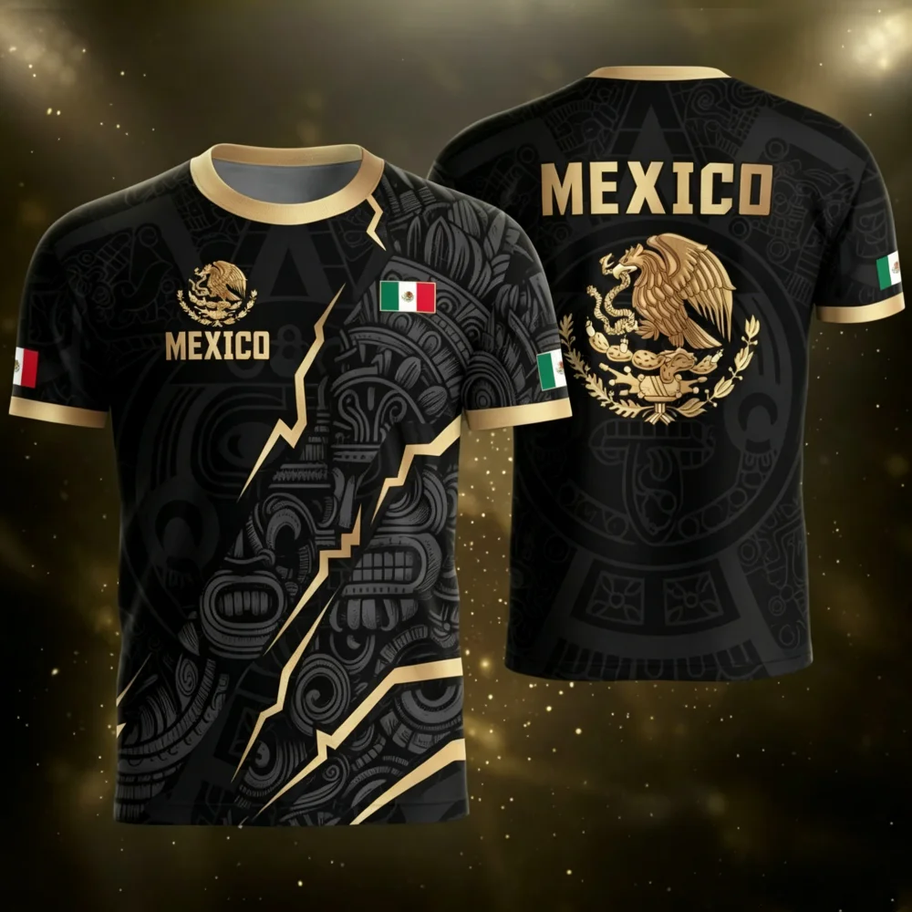 2026 Mexico Aztec Tribal Art Fan Jersey Short Sleeve Dark Green Gold Lightning Pattern Eagle Print Sports Tee for Adults Kids
