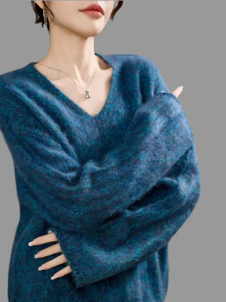 

Vintage Women Sweater Pullover Autumn Winter Brushed Wool Clothes 100% Merino Wool Sweater V-Neck Loose Ribbed Flower Gauze Knit