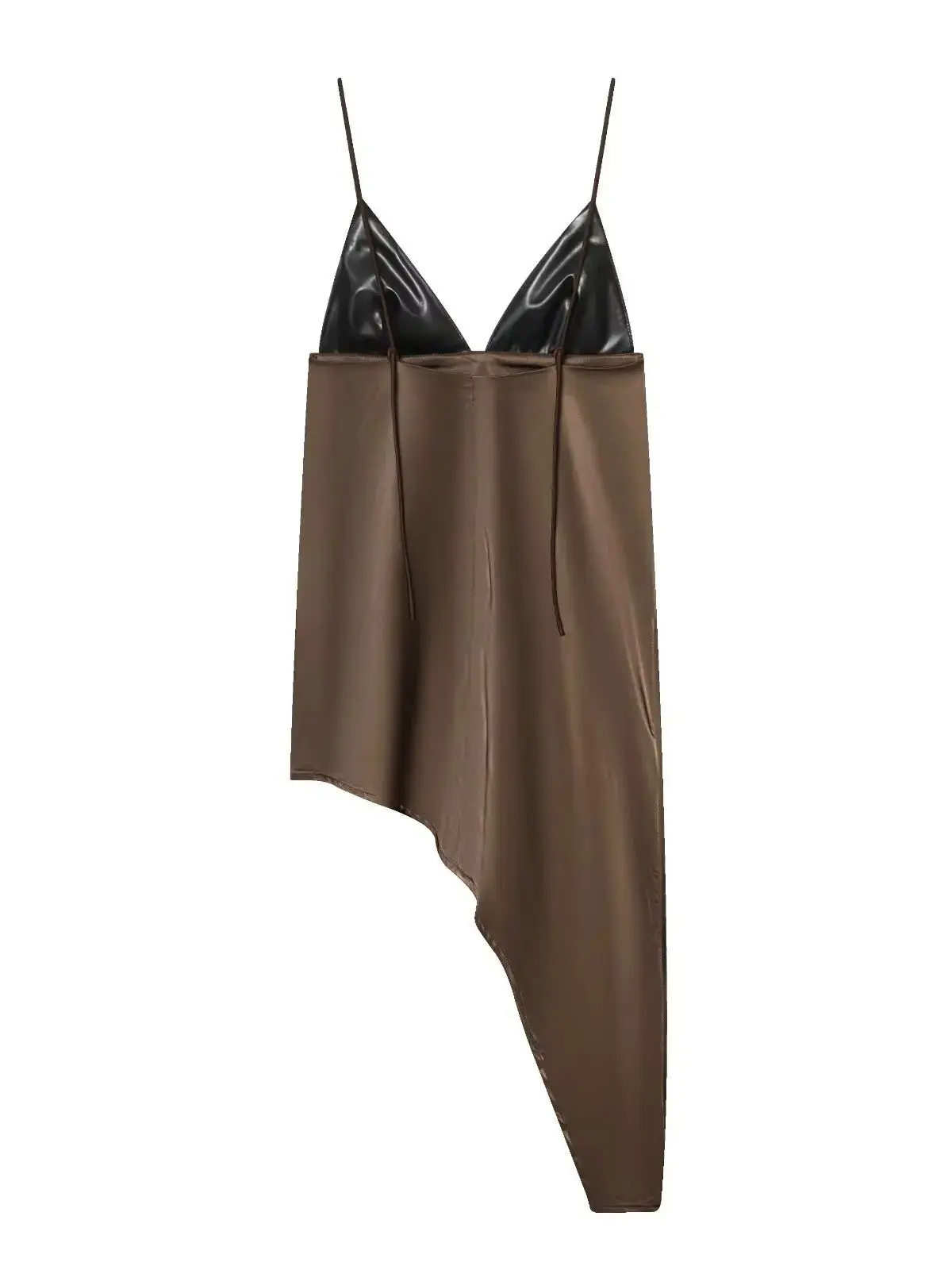 女性用エレガントなVネックのスリングドレス、無地の柔らかいサテン生地、イレギュラーなデザイン、シックなアシンメトリーヘム、PU素材の切り替えドレス