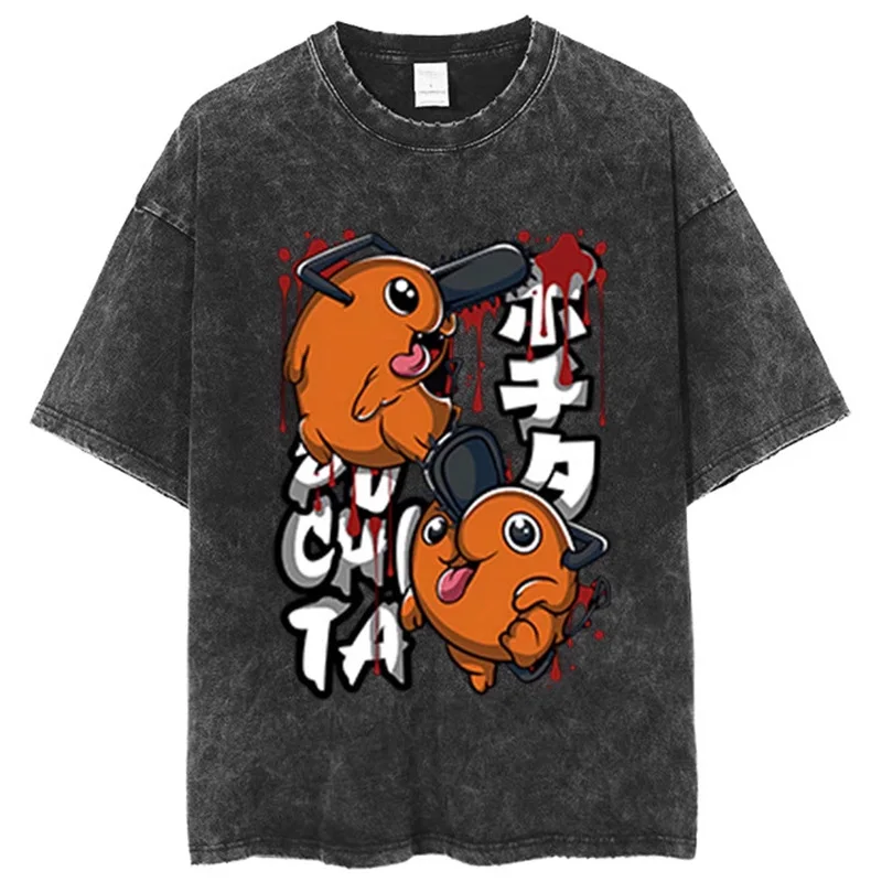 

Washed Chainsaw Man T Shirt Anime Print Tee Men Women Retro Casual Cotton Short Sleeve Streetwear Tops