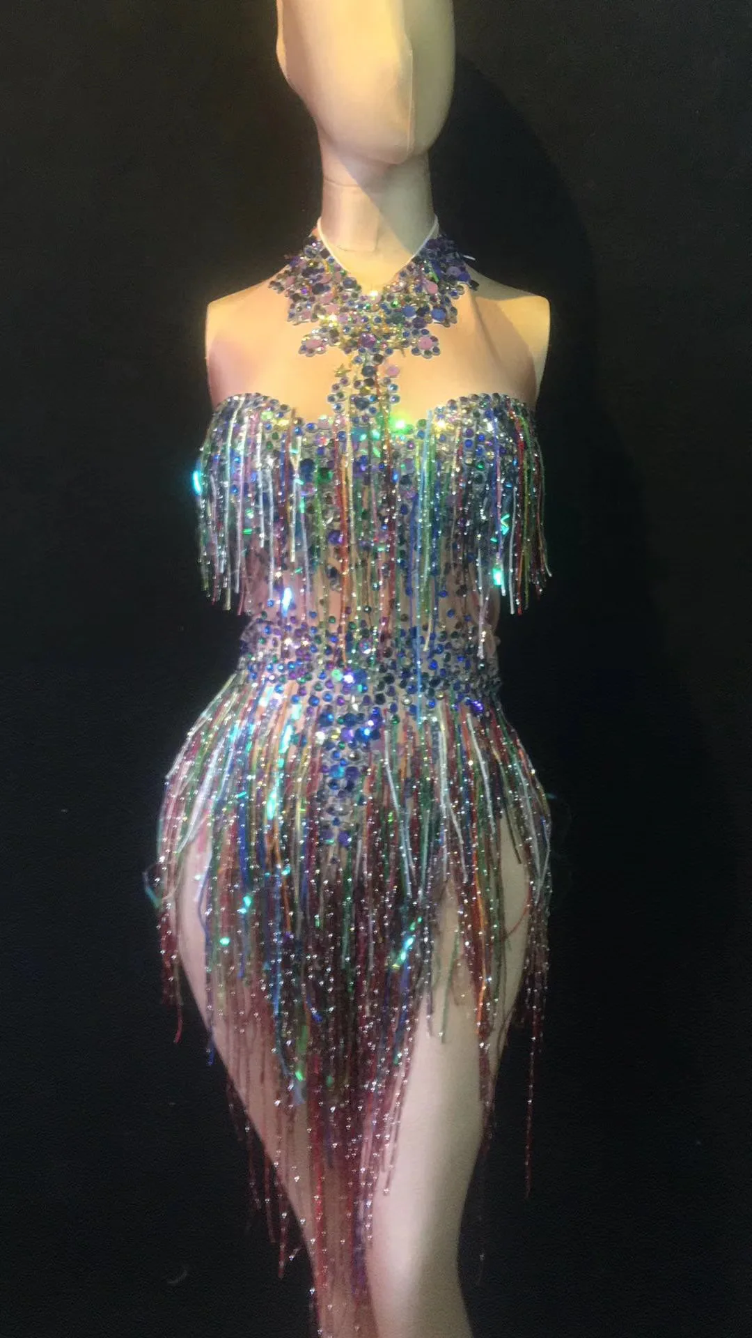 Glitter Multicolor Rhinestones Sleeveless Halter Women Bodysuits Colored Fringes Tight Stretch Jumpsuits Nightclub Stage Romper