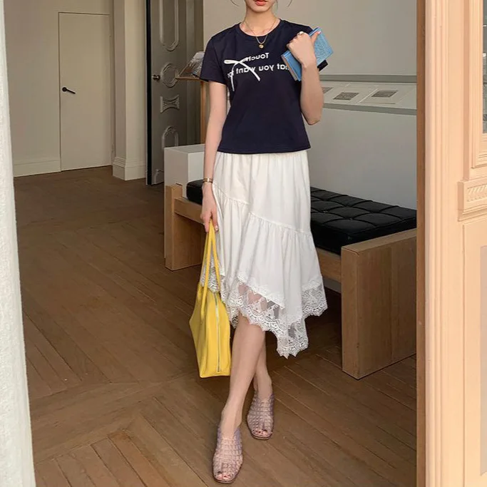 

8124 White Irregular Half Summer Ruffle Nomadic Style Elastic Waist Heavy Lace Trim A-Line Midi Skirt