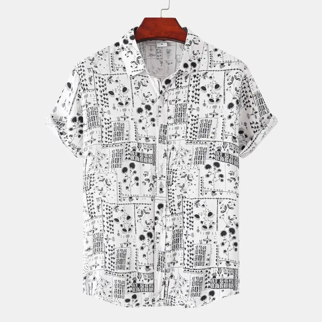Men's Spring Summer 3D Printed Lapel Button Down Shirt, Red White Black Irregular Wavy Geometric Color Block Print Casual Tee