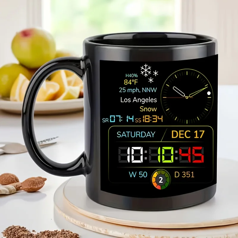 11oz Heat-Resistant Ceramic Coffee Cup Digital Clock & Temperature 2D Printed, Microwave & Dishwasher Safe, Gift for Home Office