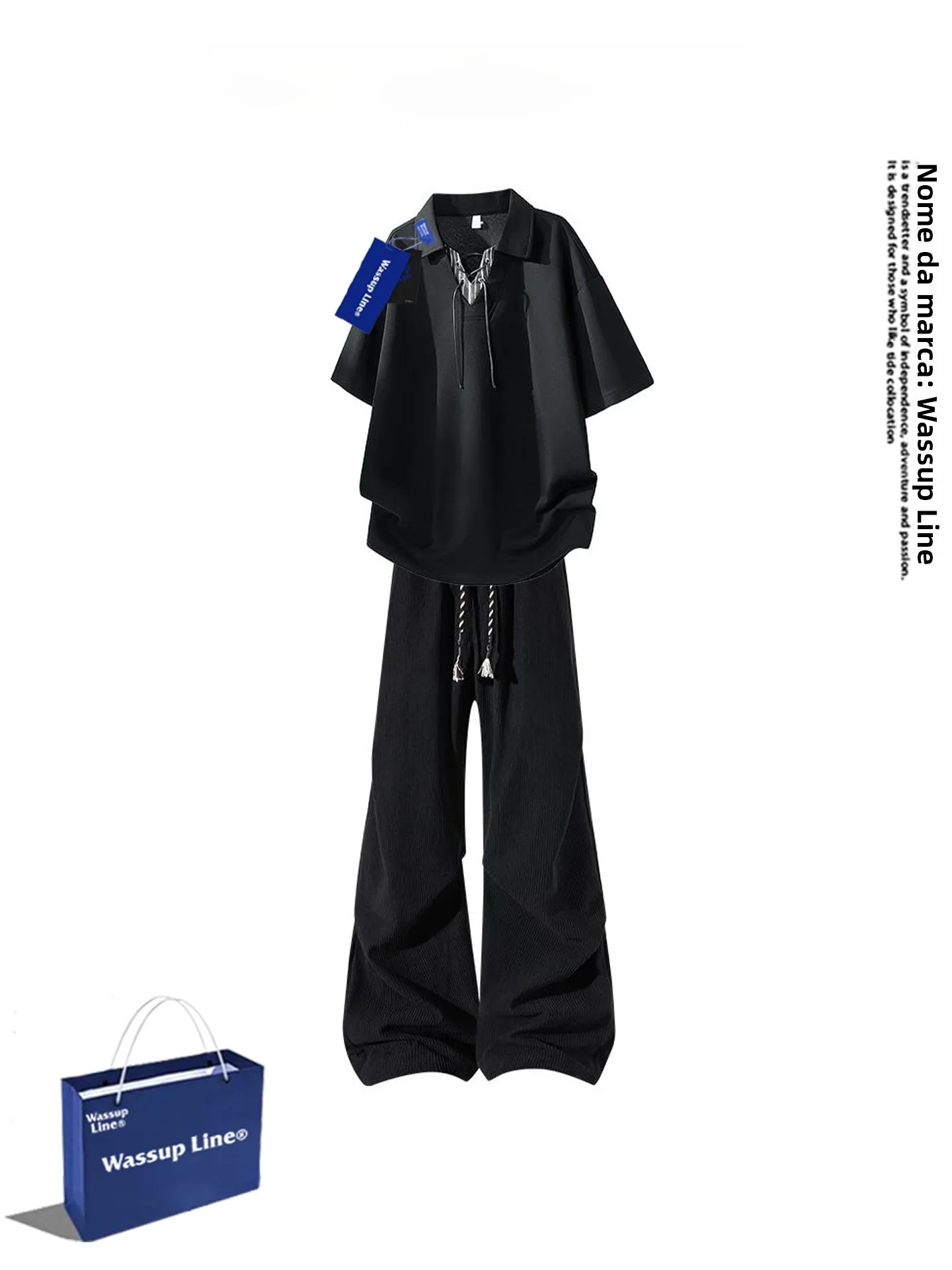 wassup-line-casual-loose-men's-summer-shirt-sleeve-t-shirt-and-long-pants-two-piece-set-polyester-fiber-youth-fashion