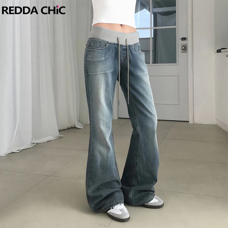 

ReddaChic Women Elastic Waist Flare Jeans Causal Going Out Baggy Do Old Rib Knit Patchwork Bootcut Jeans Y2K Retro Streetwear