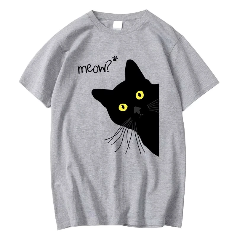 Niedliches T-Shirt mit spähender schwarzer Katze und Miau-Motiv für Männer und Frauen, lustiger Tierdruck, lässiger Kurzarm, Rundhalsausschnitt, modisches Streetwear-Tee – Detail 3