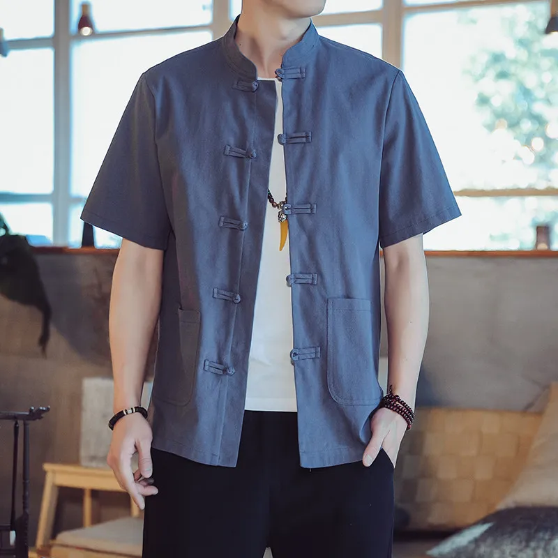 Traditional Chinese Style Men's Tang Suit Cotton Linen Shirts Summer Short Sleeve Button Up Stand Collar  Kong Fu Tops CN-251