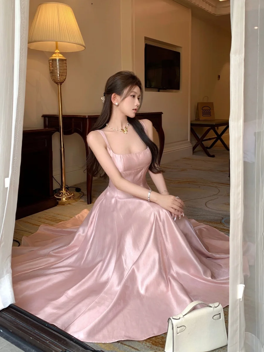 Princ Sle Pink Dr Glowing Heavy Satin Long Skirt Wealthy Misses Summer High Waist A-Line Gown No-Sve One-Piece