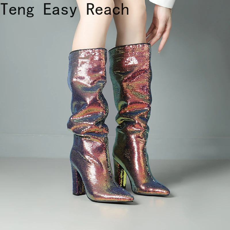 

New Sequined Pleated Women's Knee-high Boots Sexy Women's Pointy Heel Fashion Pullover Boots Sizes 33-43