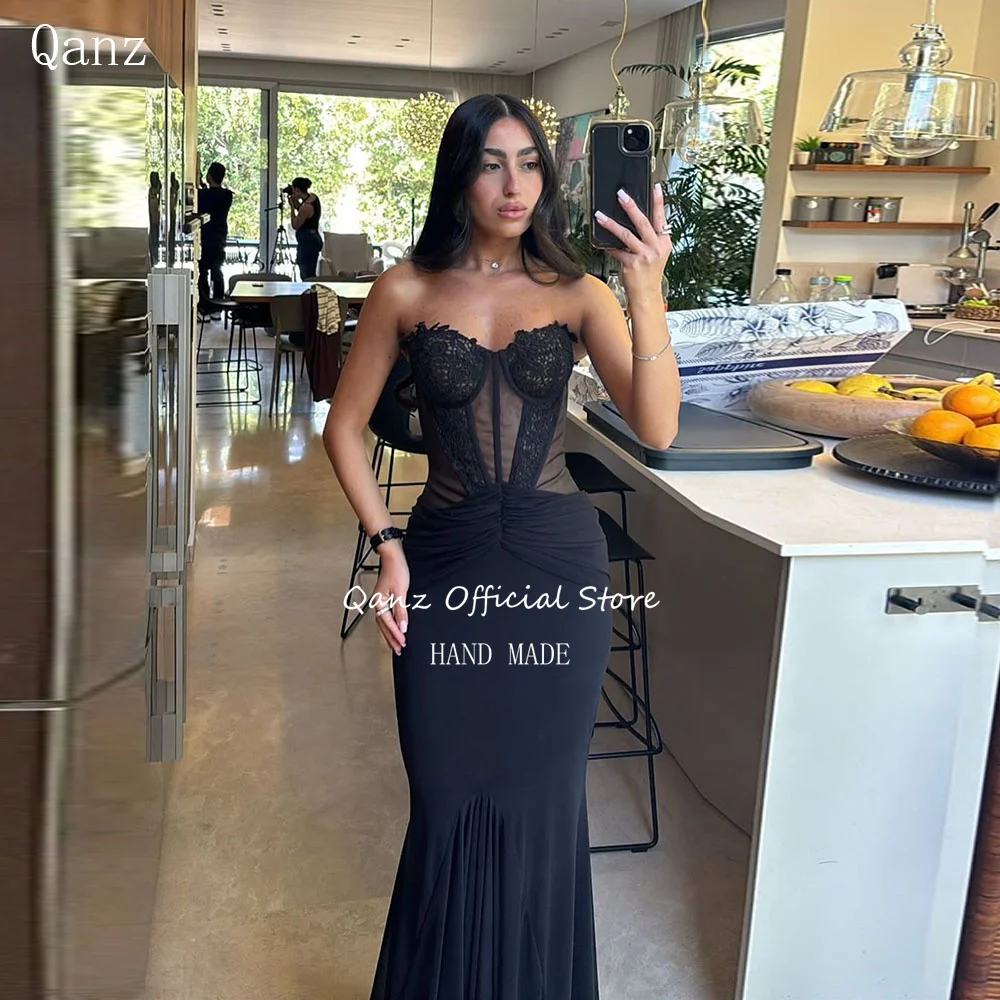 

Qanz Black Mermaid Evening Dresses Sweetheart Lace Sleeveless Women's Wedding Party Attire Elegant Vestidos De Fiesta Customized