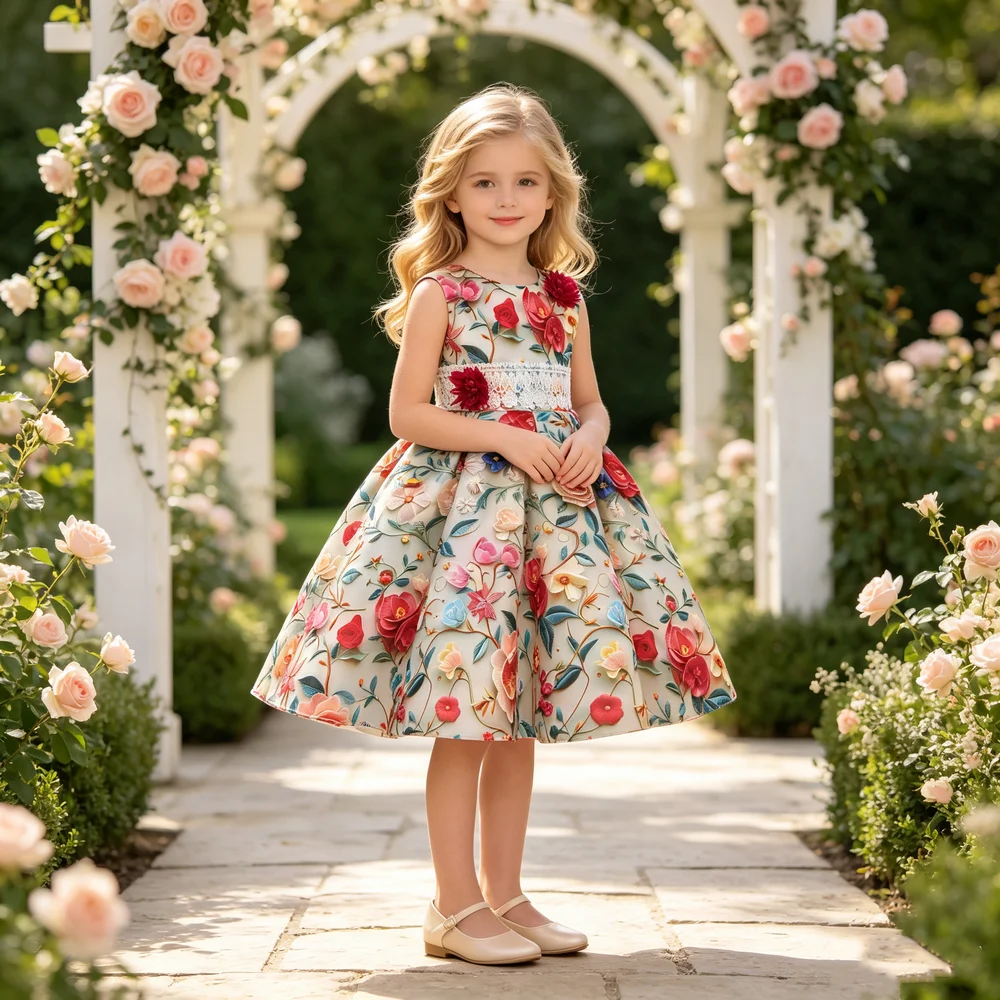 Cross-border Europe and the United States Retro Dresses Children Butterfly Print Princess Dresses Girls Runway Evening Dresses