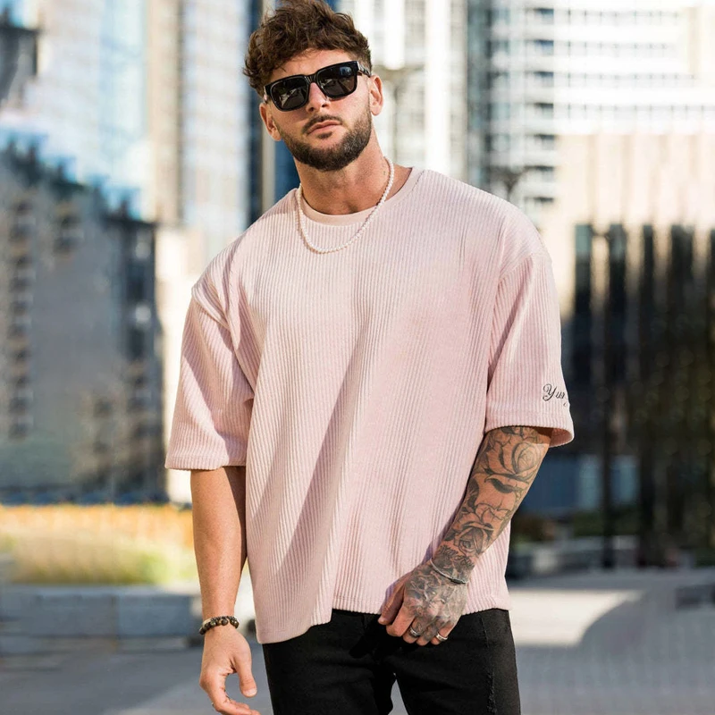 Streetwear casual white men's T-shirt loose crew neck short sleeve T-shirt top vertical embroidery simple fashion men's wear