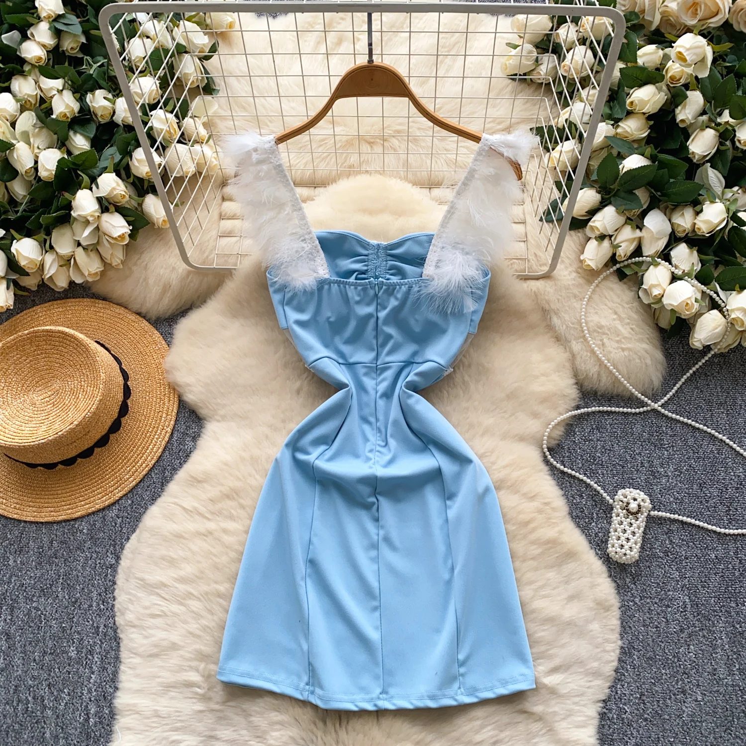 Abito vintage chic a tubino solido impiombato Elegante fata moda coreana Boho Prendisole abbigliamento donna Mini abito da spiaggia