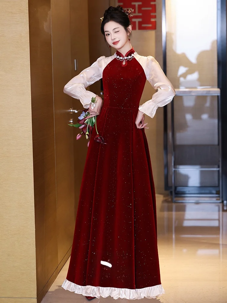 

Bride's Velvet Long Sve Wedding Dr Faionable Chinese Sle Red Velvet Evening Gown for Engagement And Wedding Ceremony