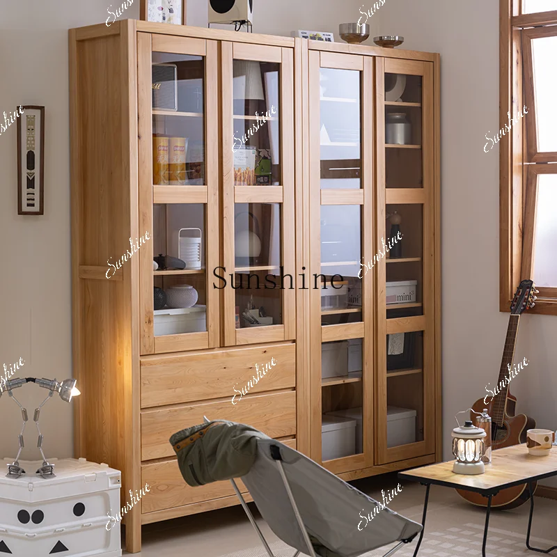 ◆ Solid wood bookcase storage integrated whole wall solid wood with cabinet door student home bookshelf storage glass  FT - view 2