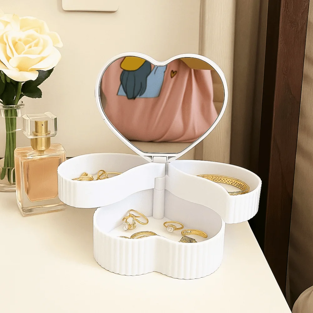

Rotating Heart Shape Jewelry Boxes Double Layer Large Capacity Jewelry Storage Boxes With Mirror Jewelry Organizer Gift Box