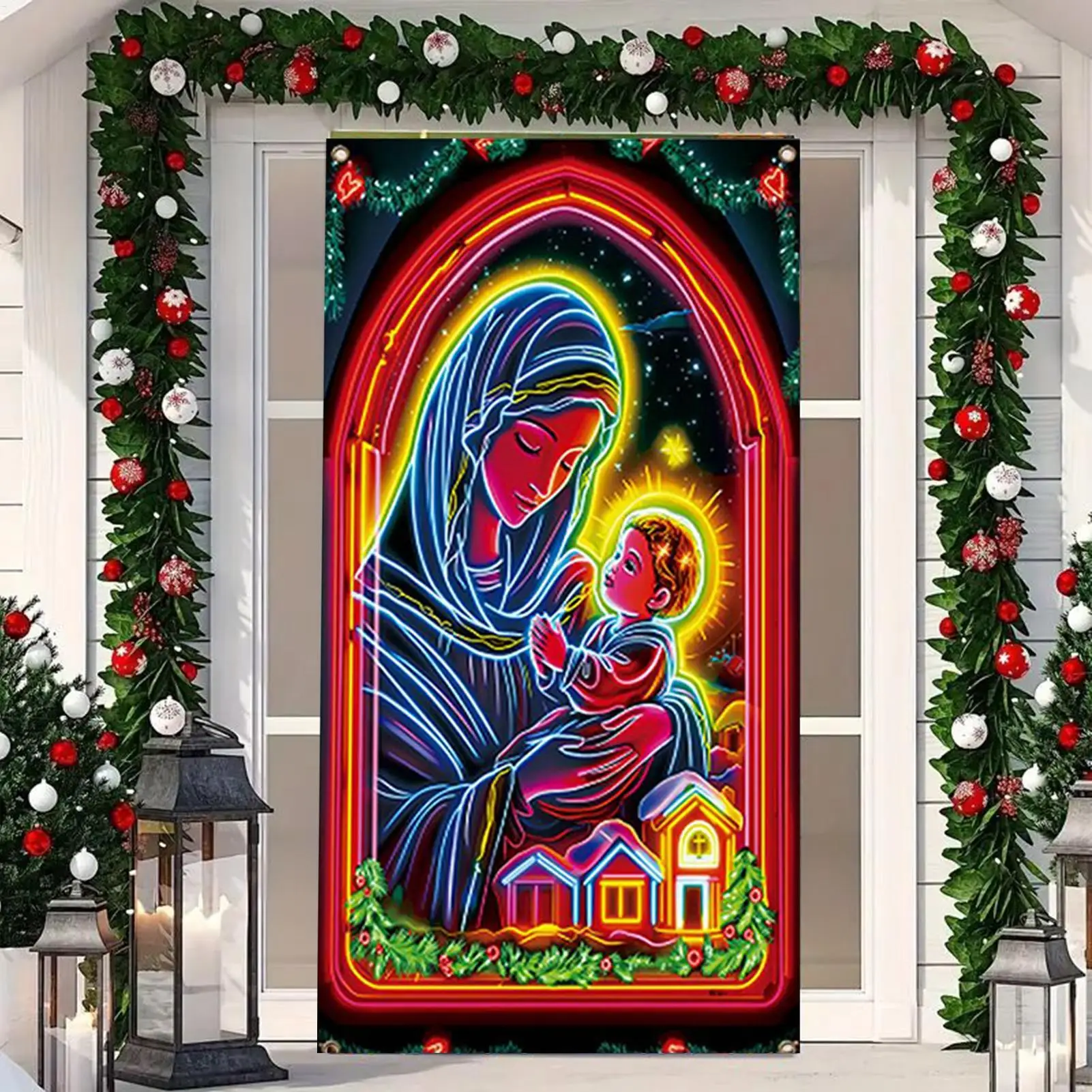 

Рождественская крышка двери, большой религиозный тканевый фон, флуоресцентный знак на крыльце, баннер, праздничная вечеринка, украшения для дома, церкви и сада