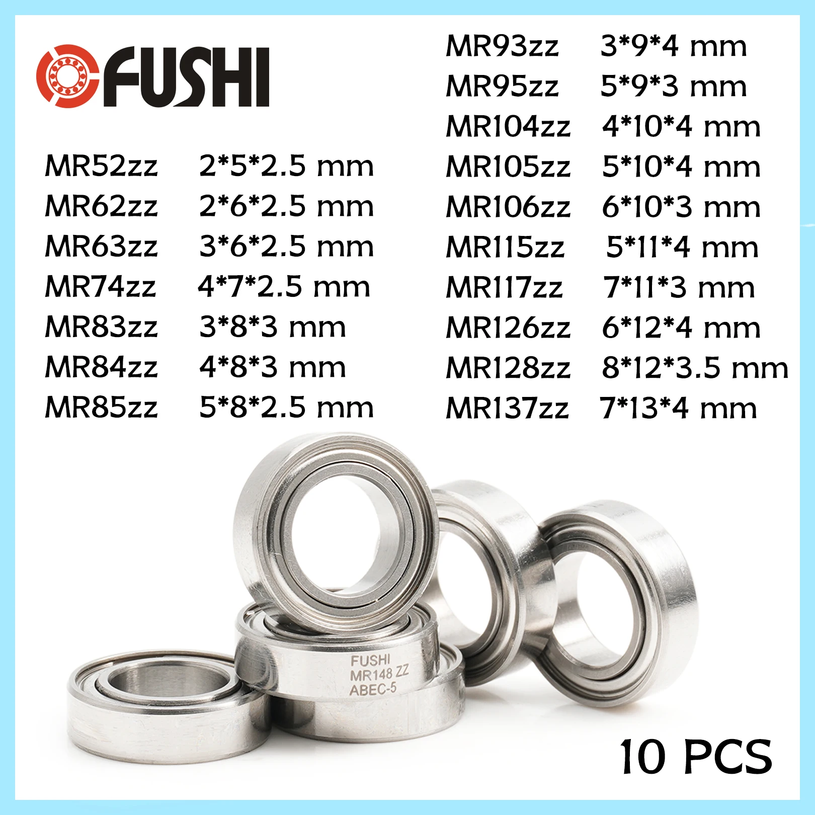 

10 шт. серия MR ABEC-5 MR52 MR85 MR95 MR84 MR106 MR115 MR126 MR128 MR137 MR148ZZ миниатюрный шарикоподшипник для прецизионных инструментов