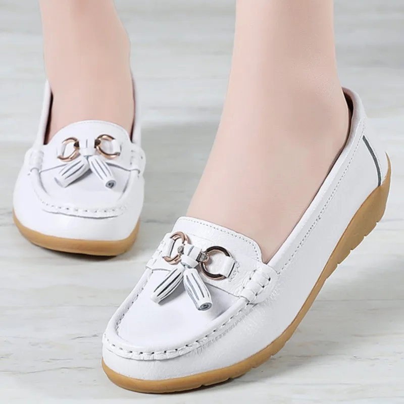 Genuine Leather Women Flats Fashion Casual Women Shoe Moccasins Shoes Woman Slip On Flat Shoes Black Ladies Shoes Plus Size