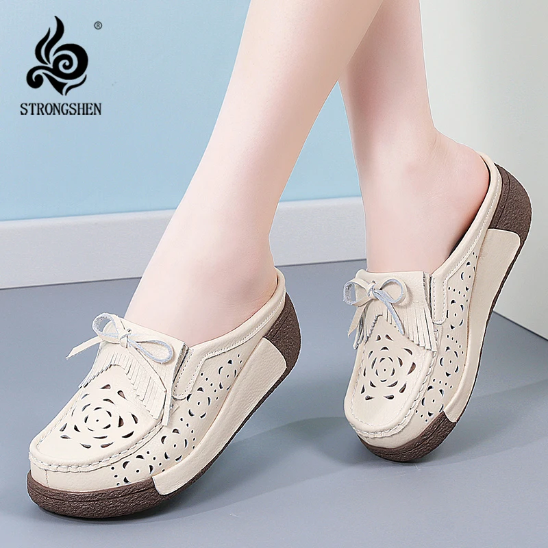 STRONGSHEN Women's Shake Shoes Platform Flats Female Hollow Out Breathable Slip On Woman Half Slippers Moccasins Leisure Ladies