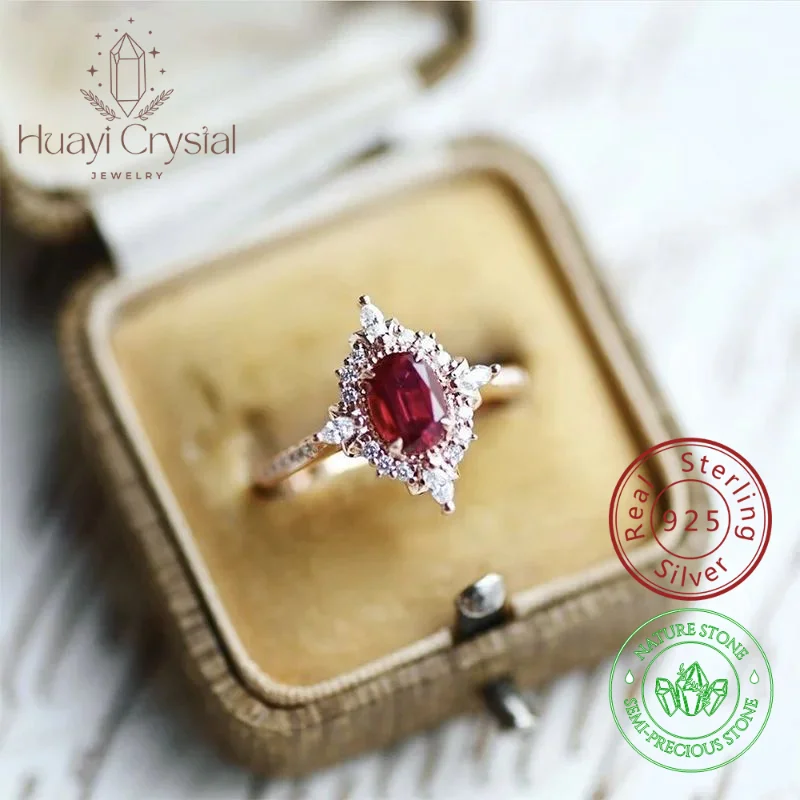 Cincin zirkonia Vintage Garnet wanita, perhiasan tangan geometris cincin kristal perak 925