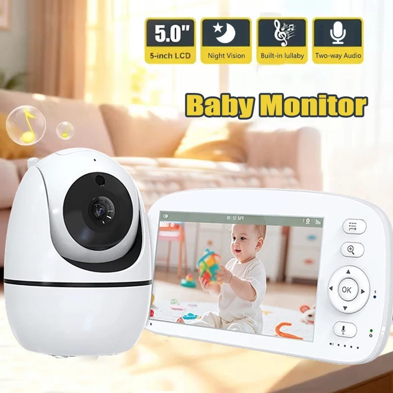 5.0 Inch Video Baby Monitor With Cam 360° Panoramic Pan-Tilt Camera Two Way Audio Night Vision Security Babysitter Lullaby