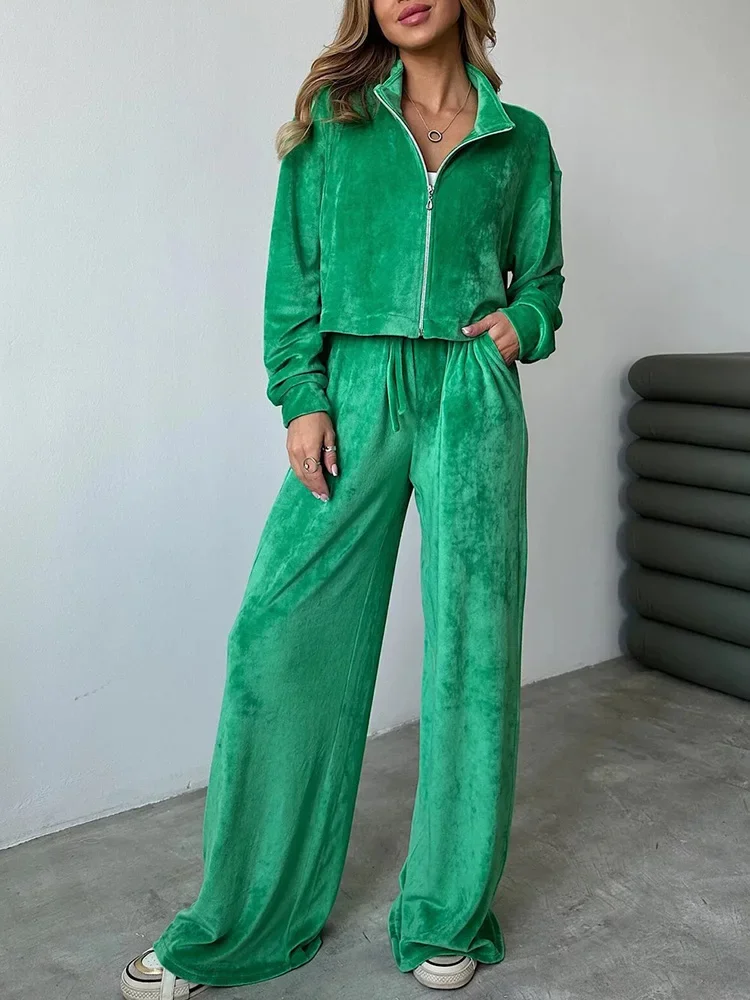 Wide Leg Pants Loungewear Two Pieces Matching Sets Women Autumn Winter Stand Collar Zipper Top Fashion Ladies Outfit Streetwear